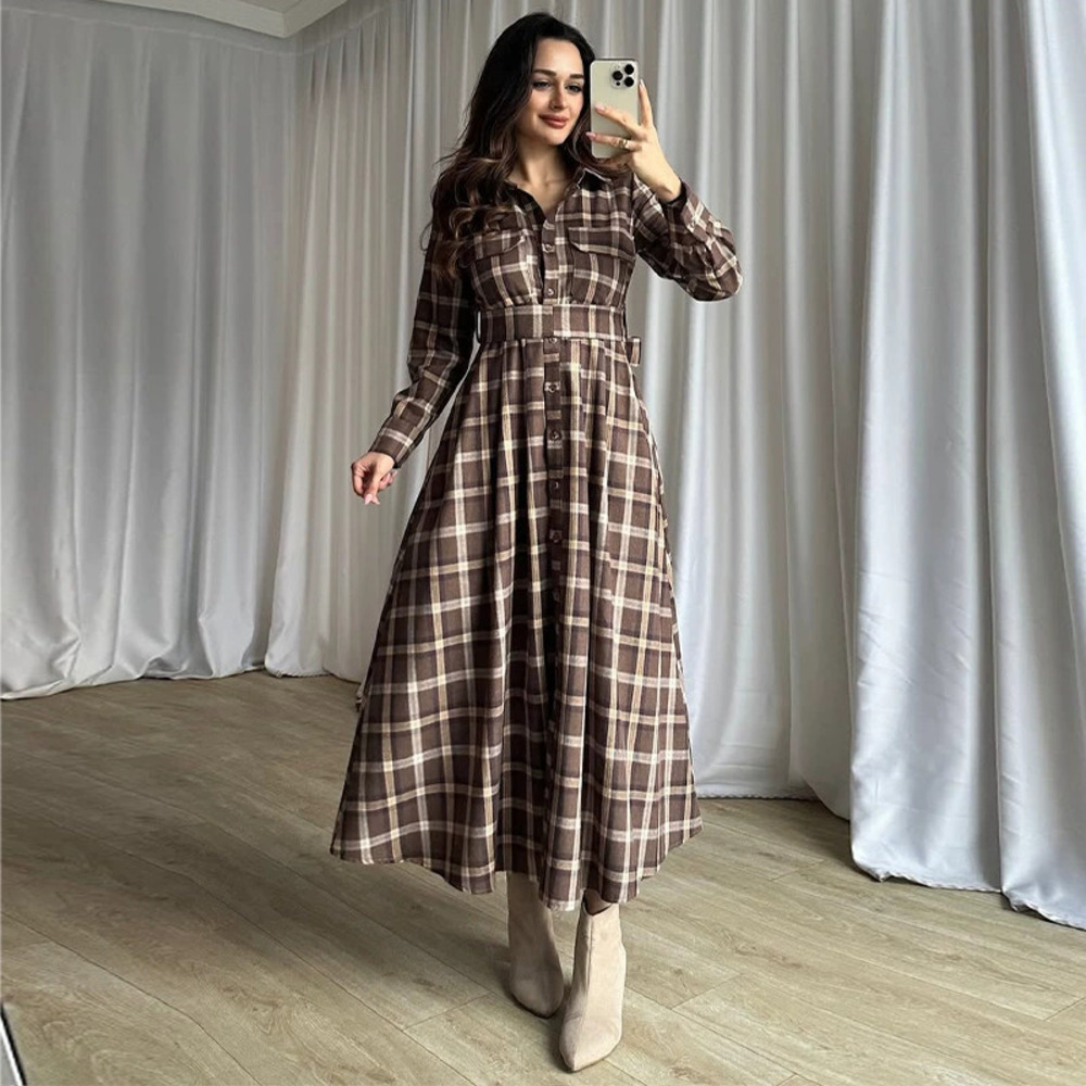 Forever 21 Spring Plaid Collar Long-Sleeve Slim Waist Casual Maxi Dress